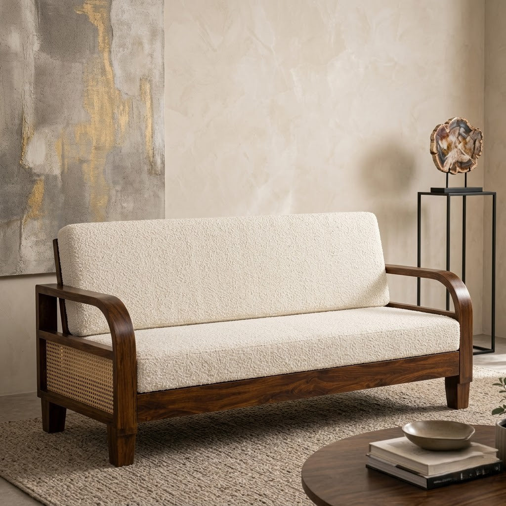 PRITI Solid Sheesham Wood 3 Seater Sofa with Rattan Cane