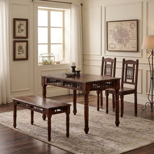 PRITI Solid Sheesham Wood 4-Seater Dining Set with Bench & Chairs – Brown