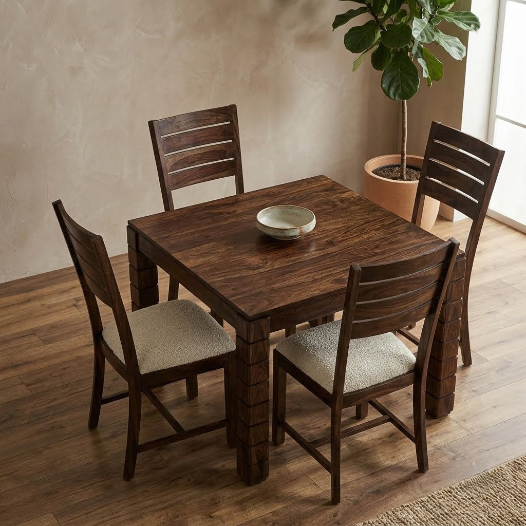 PRITI Solid Sheesham Wood 4 Seater Dining Table Set in Dark Walnut Finish