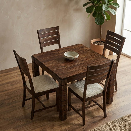 PRITI Solid Sheesham Wood 4 Seater Dining Table Set in Dark Walnut Finish
