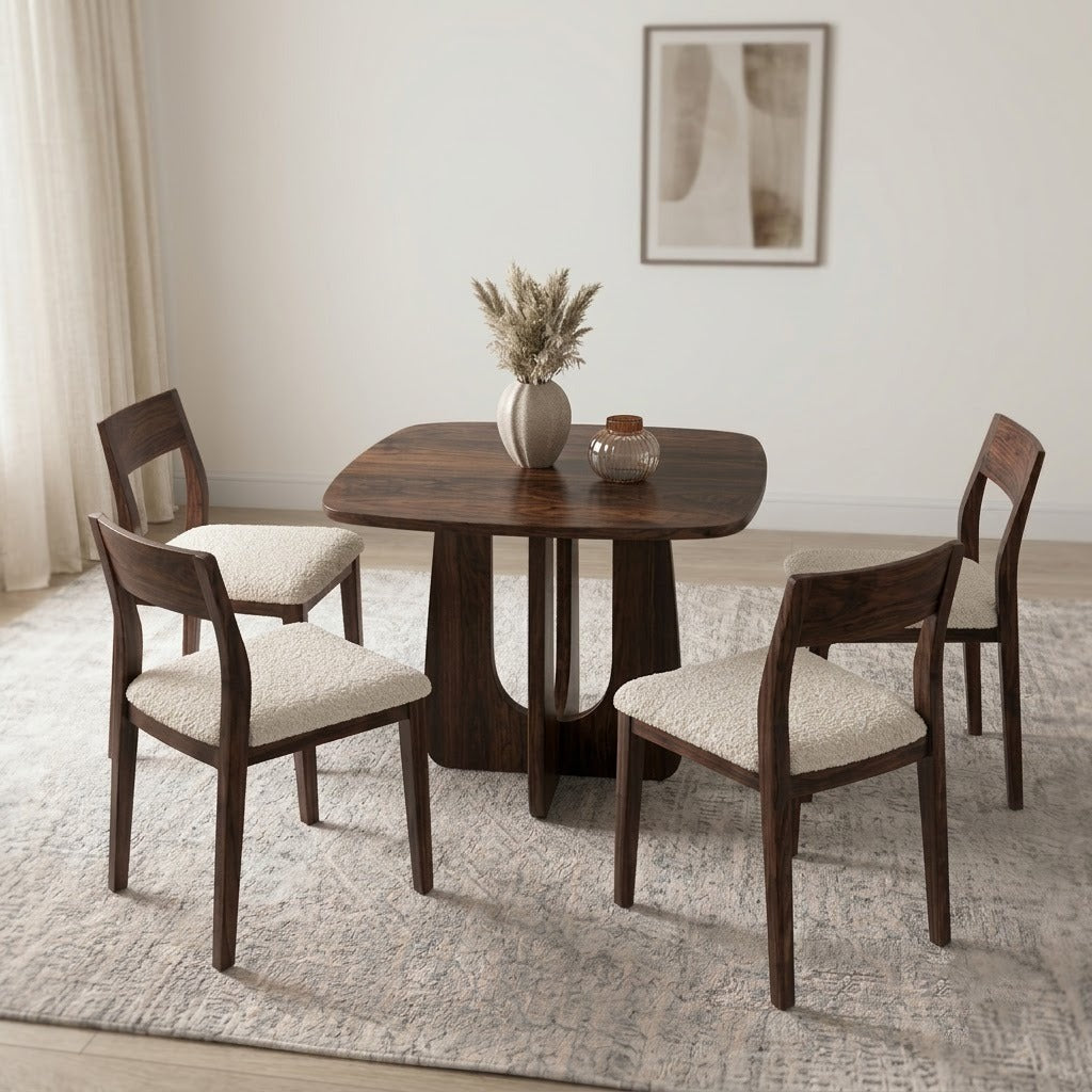 PRITI Solid Sheesham Wood 4 Seater Dining Table Set with 4 Clarke Chairs in Dark Walnut Finish & Cream Boucle Fabric