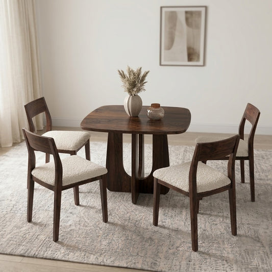 PRITI Solid Sheesham Wood 4 Seater Dining Table Set with 4 Clarke Chairs in Dark Walnut Finish & Cream Boucle Fabric