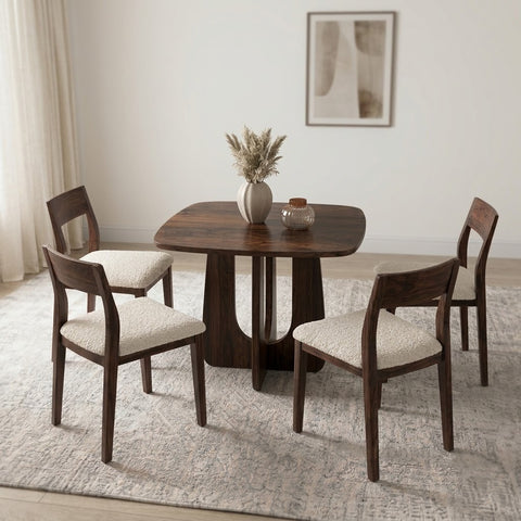PRITI Solid Sheesham Wood 4 Seater Dining Table Set with 4 Clarke Chairs in Dark Walnut Finish & Cream Boucle Fabric