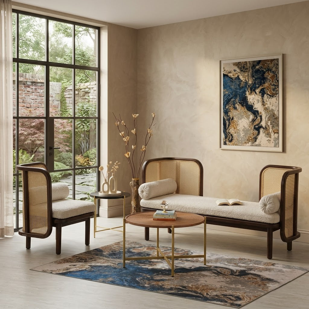 PRITI Solid Sheesham Wood 4 Seater Sofa Set with Cushioned Fabric Seating