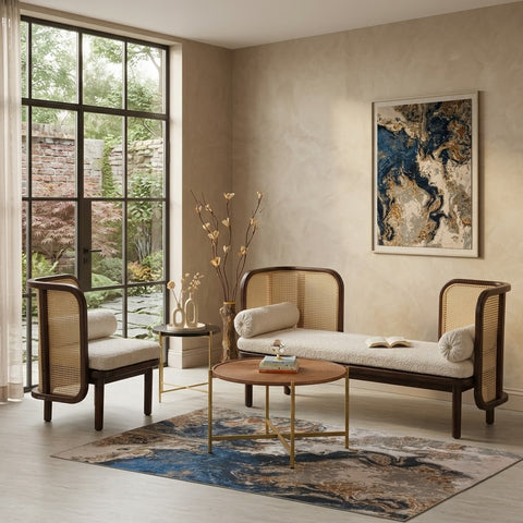 PRITI Solid Sheesham Wood 4 Seater Sofa Set with Cushioned Fabric Seating