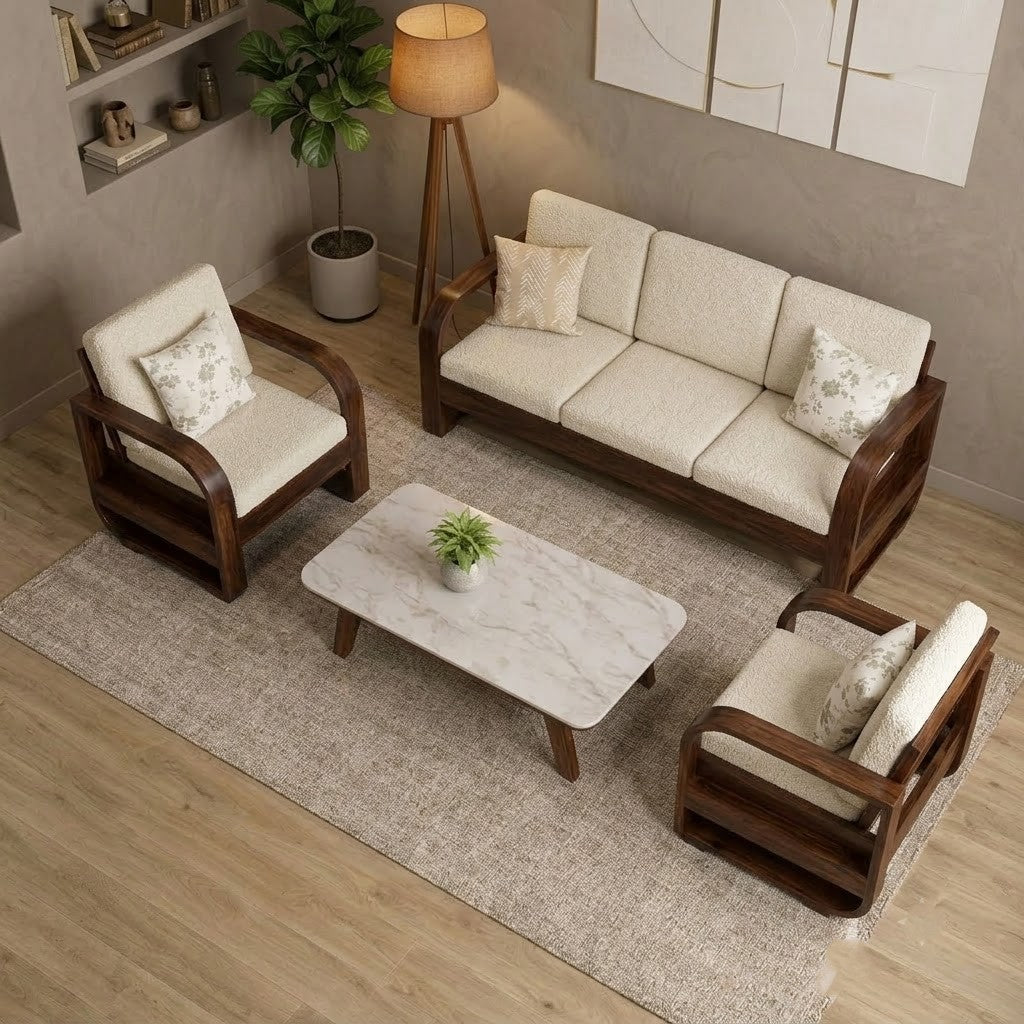 PRITI Solid Sheesham Wood 5 Seater Sofa Set with Round Arm Design