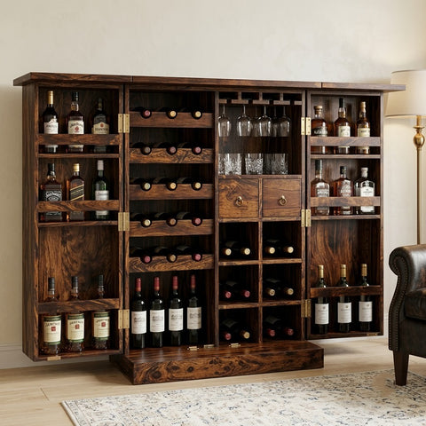 PRITI Solid Sheesham Wood Bar Cabinet | Handmade Wooden Home Bar Unit with Dark Walnut Finish