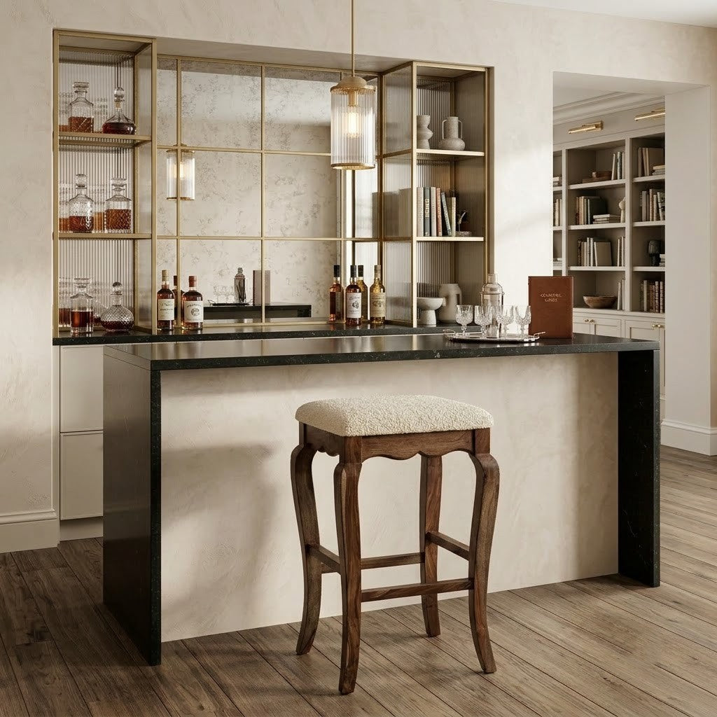 PRITI Solid Sheesham Wood Bar Stool with Cushioned Seat | Grey Finish