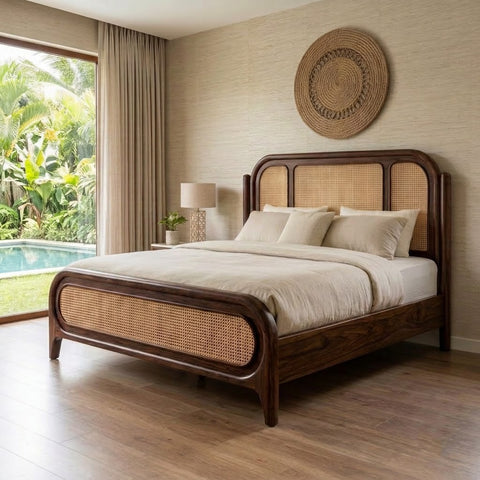 PRITI Solid Sheesham Wood Bed with Cane Headboard – Dark Walnut Finish, No Storage