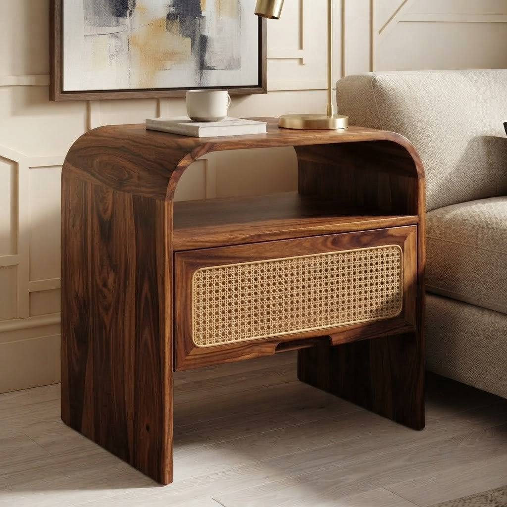 PRITI Solid Sheesham Wood Bedside Table with Cane Drawer