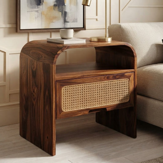 PRITI Solid Sheesham Wood Bedside Table with Cane Drawer