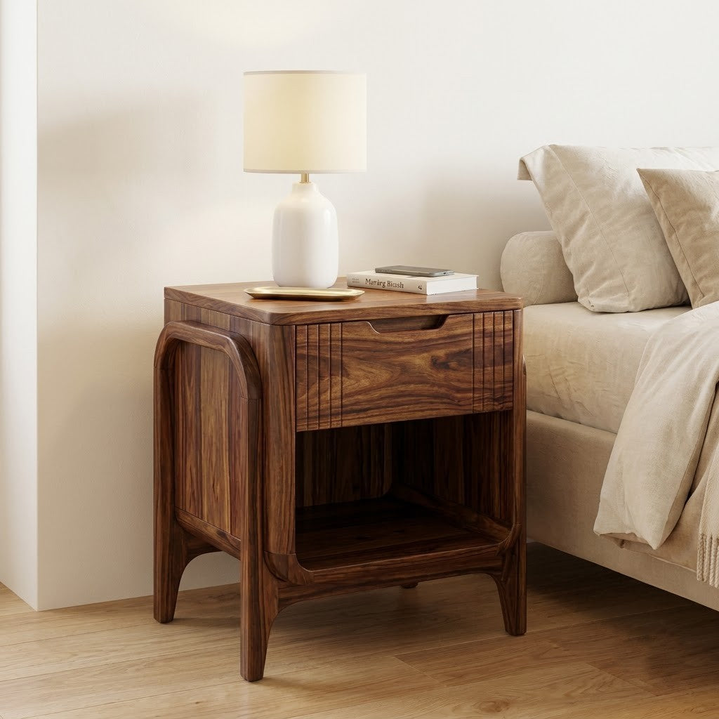 PRITI Solid Sheesham Wood Bedside Table with Drawer Storage