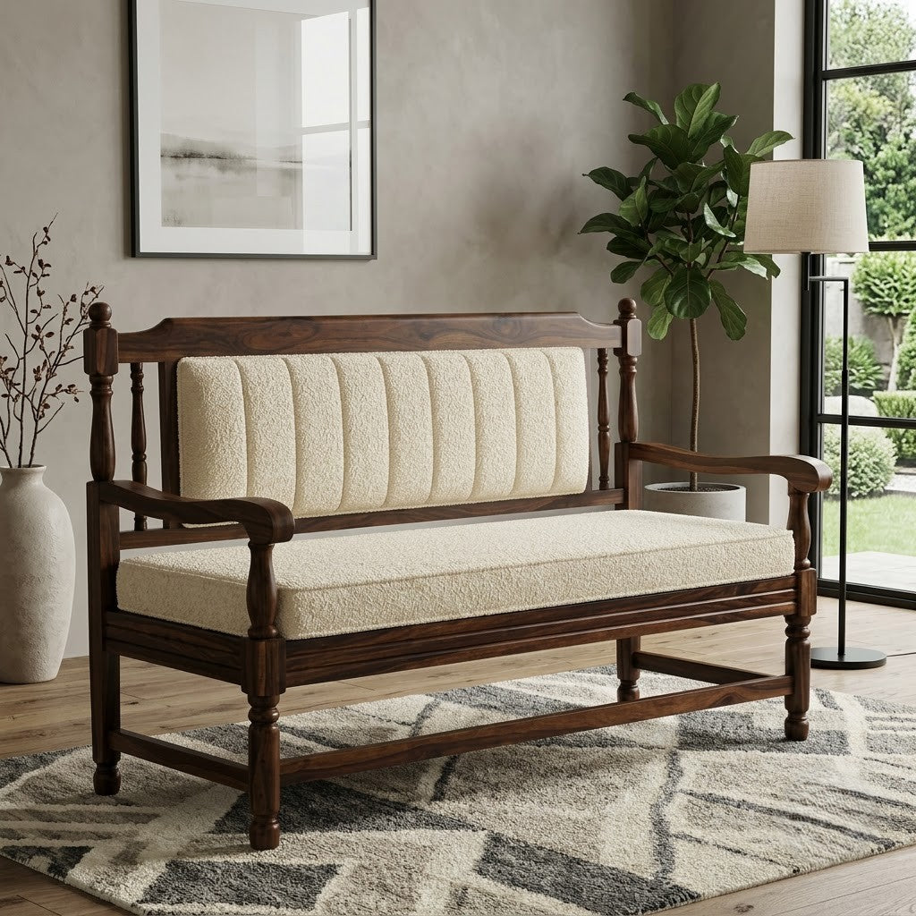 PRITI Solid Sheesham Wood Bench with Crème Bouclé Fabric and Dark Walnut Finish