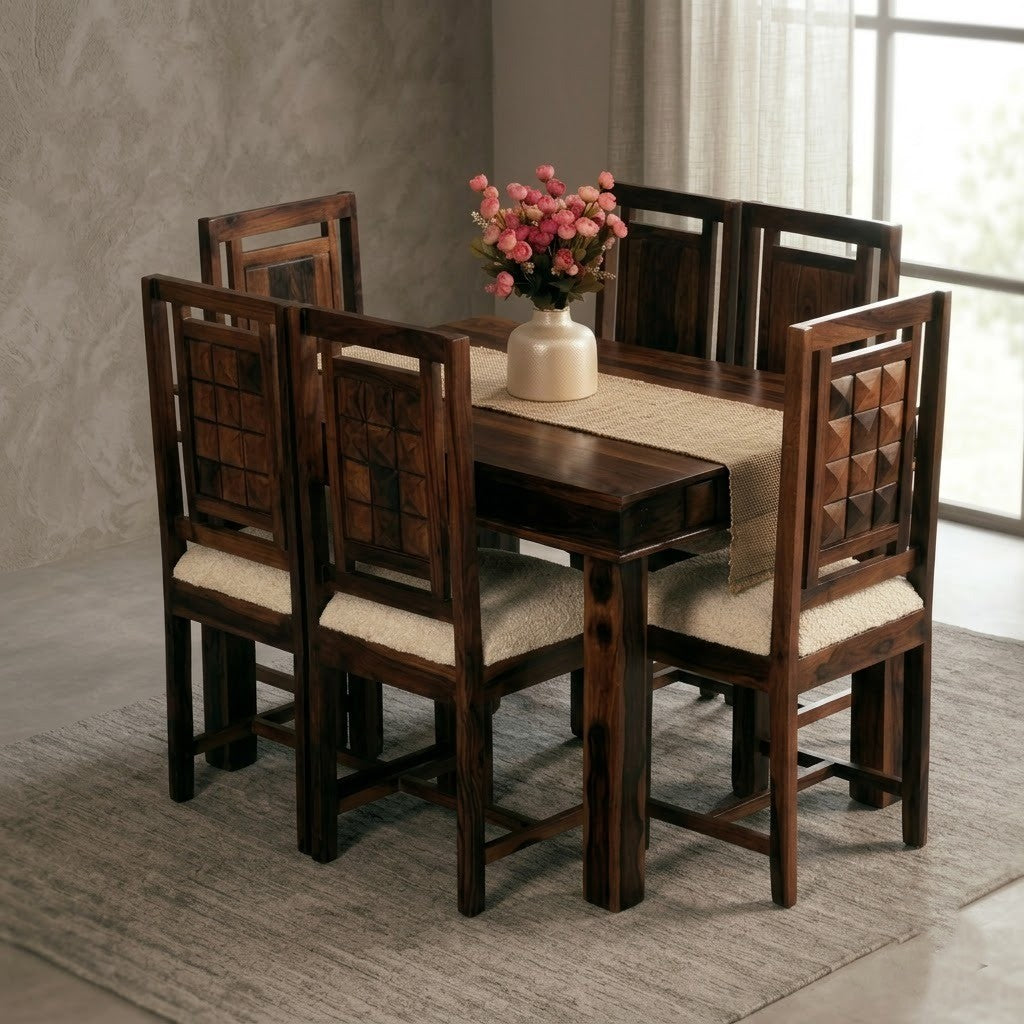 PRITI Solid Sheesham Wood Dining Set with Dark Walnut Finish & Crème Boucle Chairs