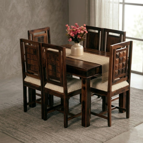 PRITI Solid Sheesham Wood Dining Set with Dark Walnut Finish & Crème Boucle Chairs
