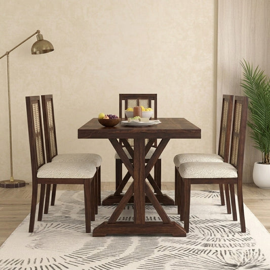 PRITI Solid Sheesham Wood Dining Table Set for 6 with Cushioned Seating – Dark Walnut Finish