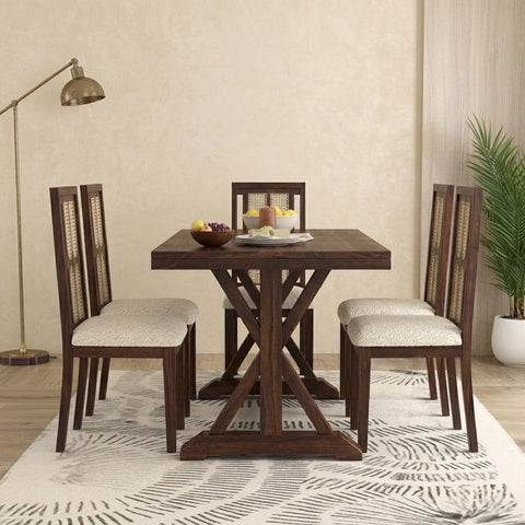 PRITI Solid Sheesham Wood Dining Table Set for 6 with Cushioned Seating – Dark Walnut Finish