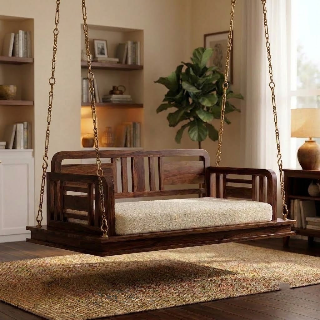 PRITI Solid Sheesham Wood Hanging Swing for Home with Boucle Upholstery