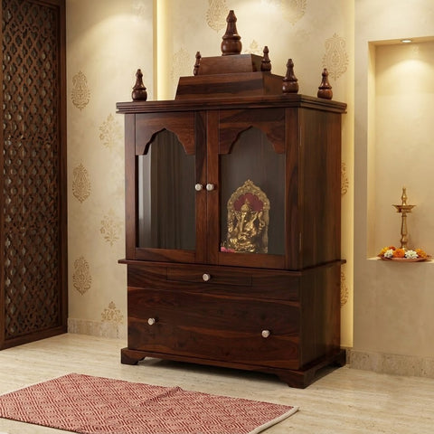 PRITI Solid Sheesham Wood Home Temple in Dark Walnut Finish