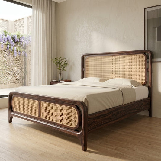 PRITI Solid Sheesham Wood King Bed with Cane Headboard – Dark Walnut Finish