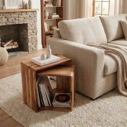 PRITI Solid Sheesham Wood Nesting Side Table Set | Modern Cube End Tables
