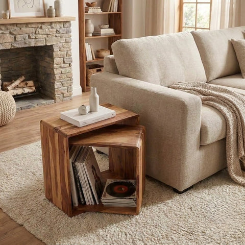 PRITI Solid Sheesham Wood Nesting Side Table Set | Modern Cube End Tables