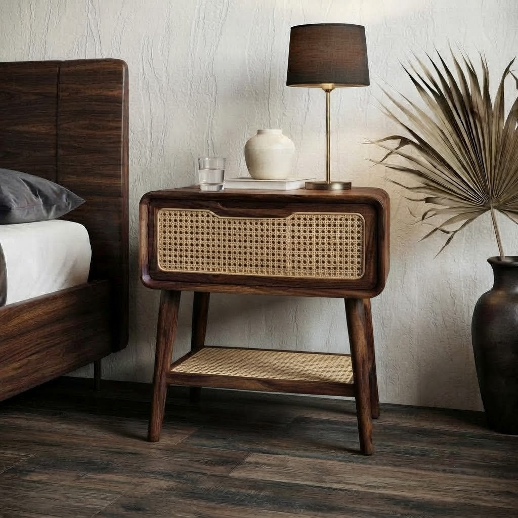 PRITI Solid Sheesham Wood Nightstand with Cane Storage Shelf