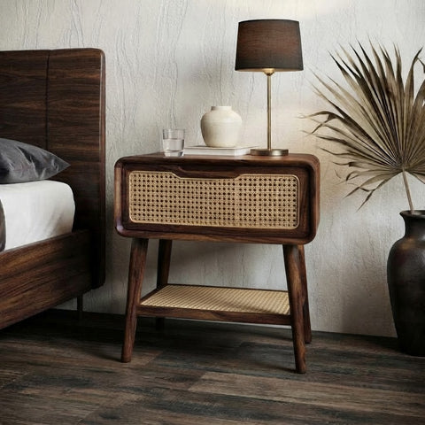 PRITI Solid Sheesham Wood Nightstand with Cane Storage Shelf