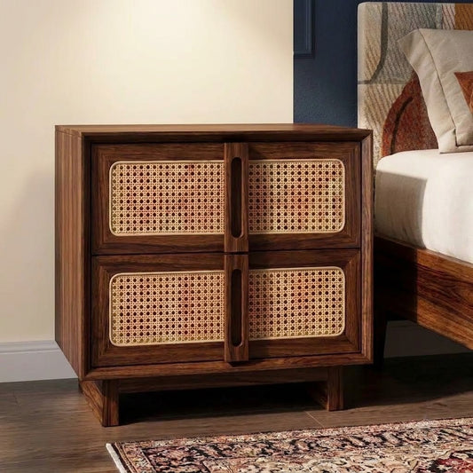 PRITI Solid Sheesham Wood Nightstand with Four Cane Front Panels