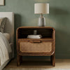 PRITI Solid Sheesham Wood Nightstand with Open Shelf & Cane Storage