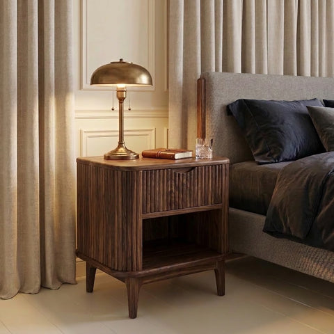 PRITI Solid Sheesham Wood Nightstand with Open Storage – Dark Walnut
