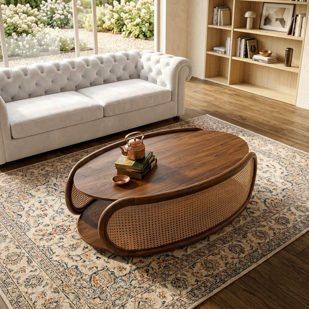 PRITI Solid Sheesham Wood Oval Coffee Table with Rattan Cane Design