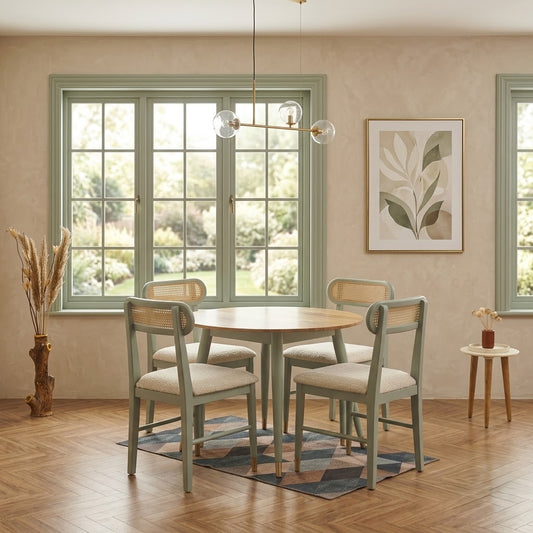 PRITI Solid Sheesham Wood Round Dining Table Set with 4 Rattan Cane Chairs