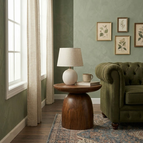 PRITI Solid Sheesham Wood Round Side Table | Dark Walnut End Table