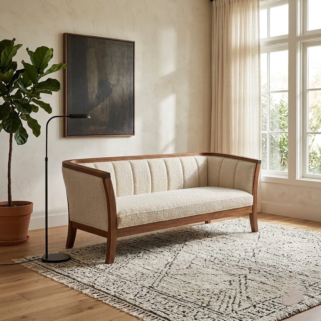 PRITI Solid Sheesham Wood Sofa with Crème Boucle Seating
