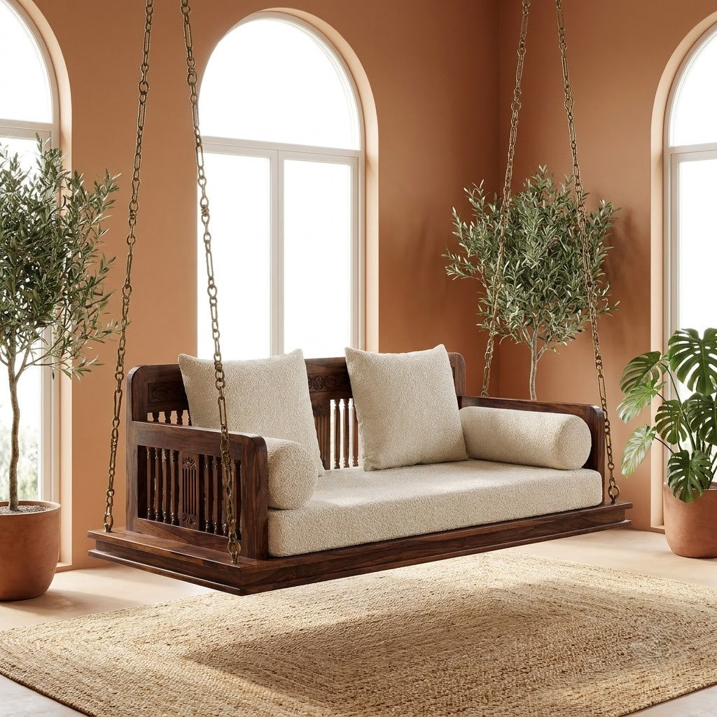 PRITI Solid Sheesham Wood Swing for Home – Elegant 2 Seater Dark Walnut Jhula