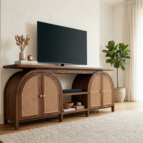 PRITI Solid Sheesham Wood TV Unit with Cane Panel Cabinets