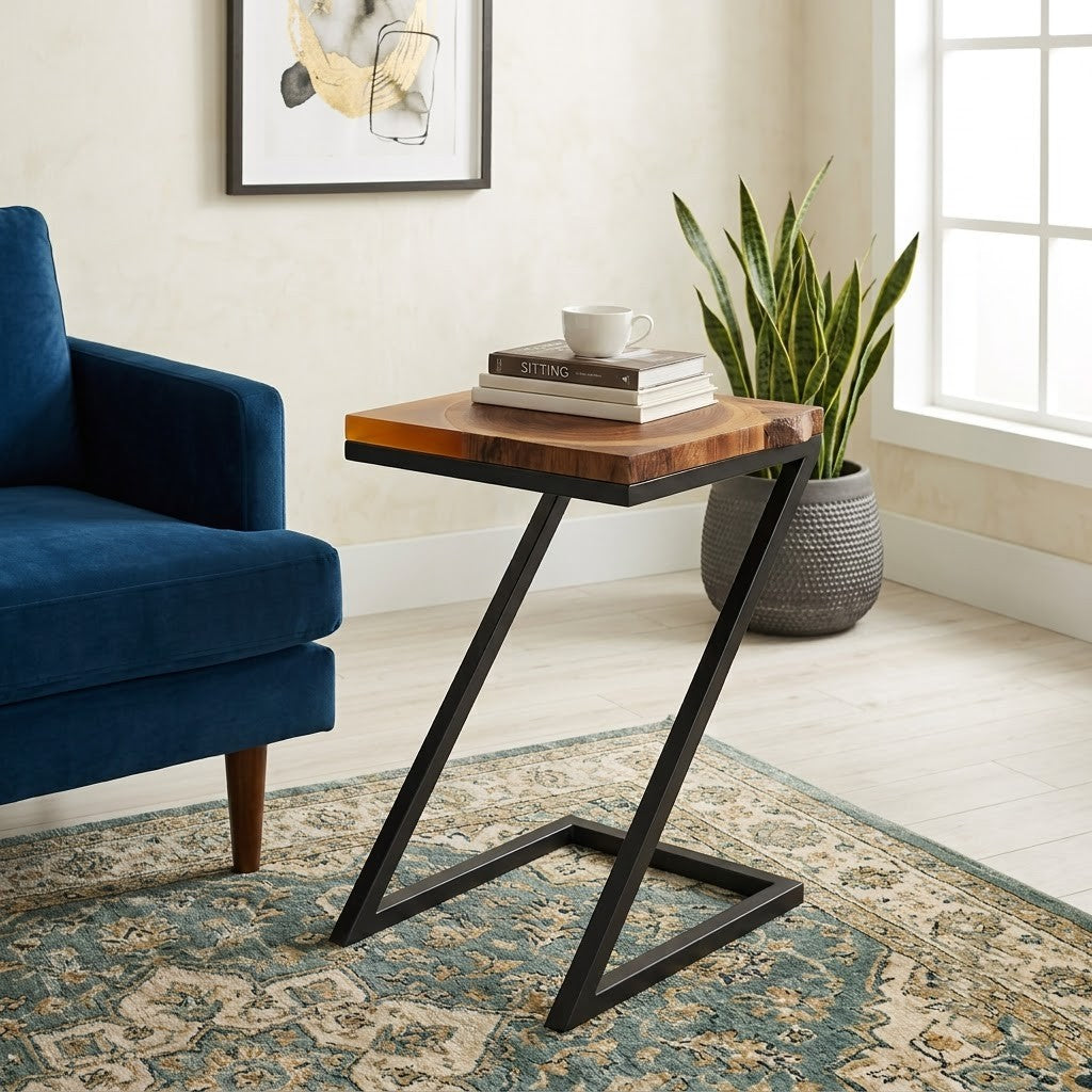 PRITI Solid Teak Wood Side Table | Elegant Resin Finish Accent Table for Living Room