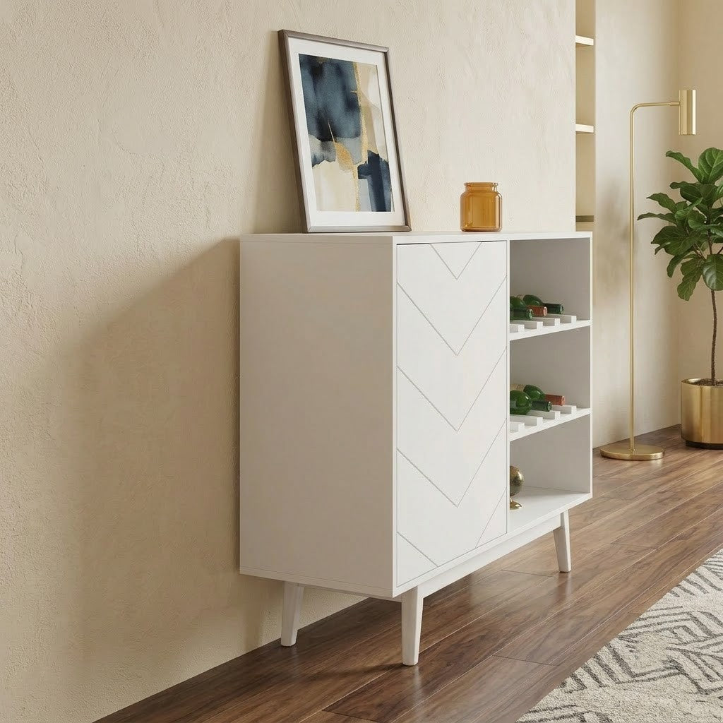 PRITI Solid Wood Bar Cabinet | Elegant White Drinks Storage Furniture