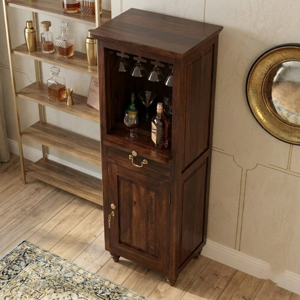 PRITI Solid Wood Bar Cabinet for Home | Sheesham Wine & Liquor Storage