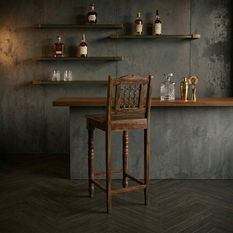 PRITI Solid Wood Bar Chair with Decorative Metal Jali – Grey