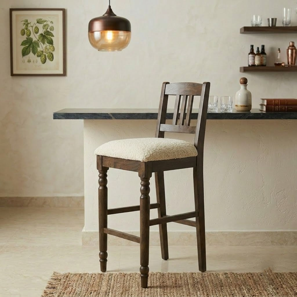 PRITI Solid Wood Bar Stool Chair with Upholstered Seat