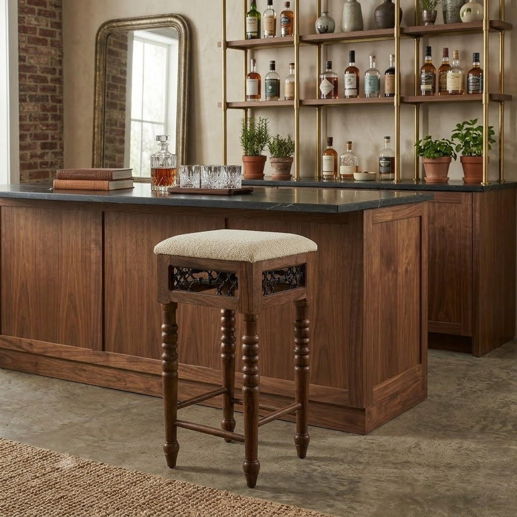 PRITI Solid Wood Bar Stool | Cushioned Seat with Metal Jali Design