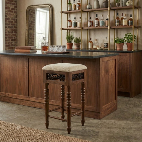 PRITI Solid Wood Bar Stool | Cushioned Seat with Metal Jali Design