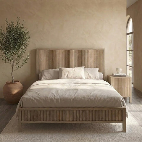 PRITI Solid Wood Bed Frame with Fluted Headboard 