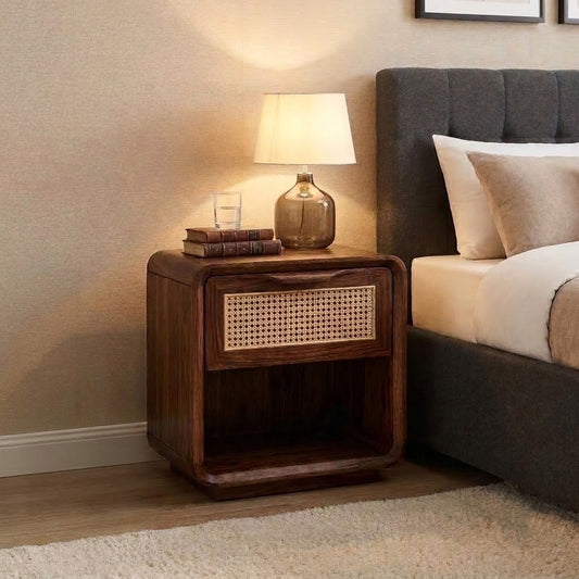 PRITI Solid Wood Bedside Cabinet with Cane Detail and Storage