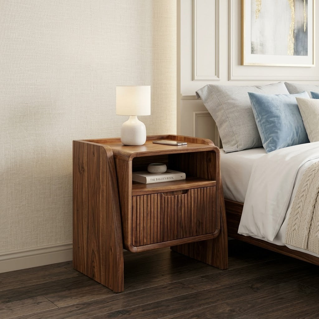 PRITI Solid Wood Bedside Table with Enclosed Drawer and Open Compartment