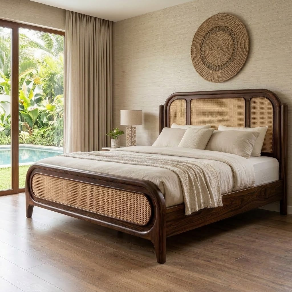 PRITI Solid Wood Cane Bed with Elegant Headboard – Dark Walnut Sheesham Finish