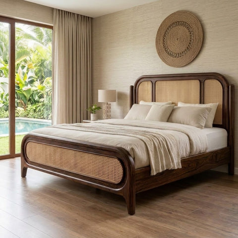 PRITI Solid Wood Cane Bed with Elegant Headboard – Dark Walnut Sheesham Finish