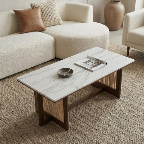 PRITI Solid Wood Coffee Table with White Marble & Rattan Cane